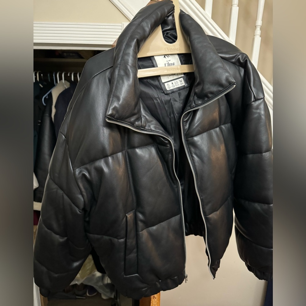 Abercrombie & Fitch Black Vegan Leather Puffer Jacket